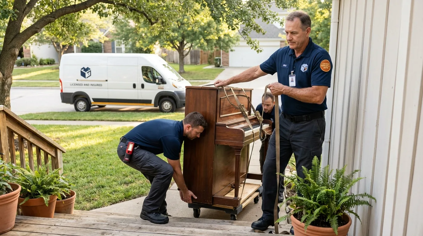 Licensed piano movers securing grand piano in Watertown, SD